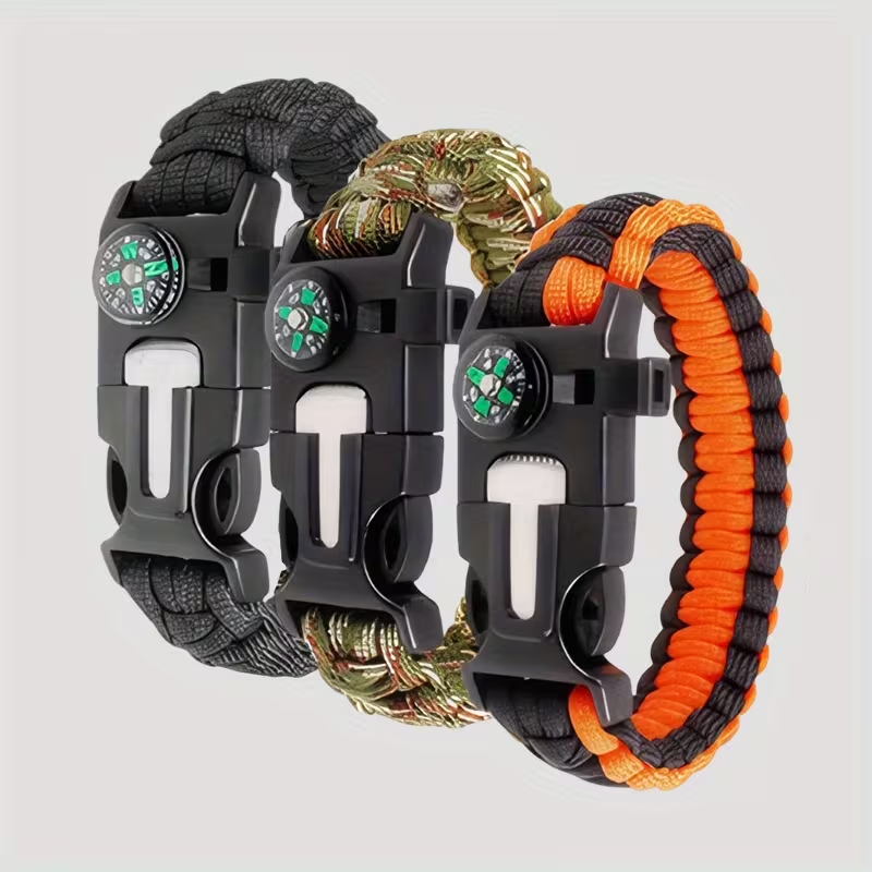 Bracelet de survie 5 en 1 en paracorde – boussole, sifflet et allume-feu