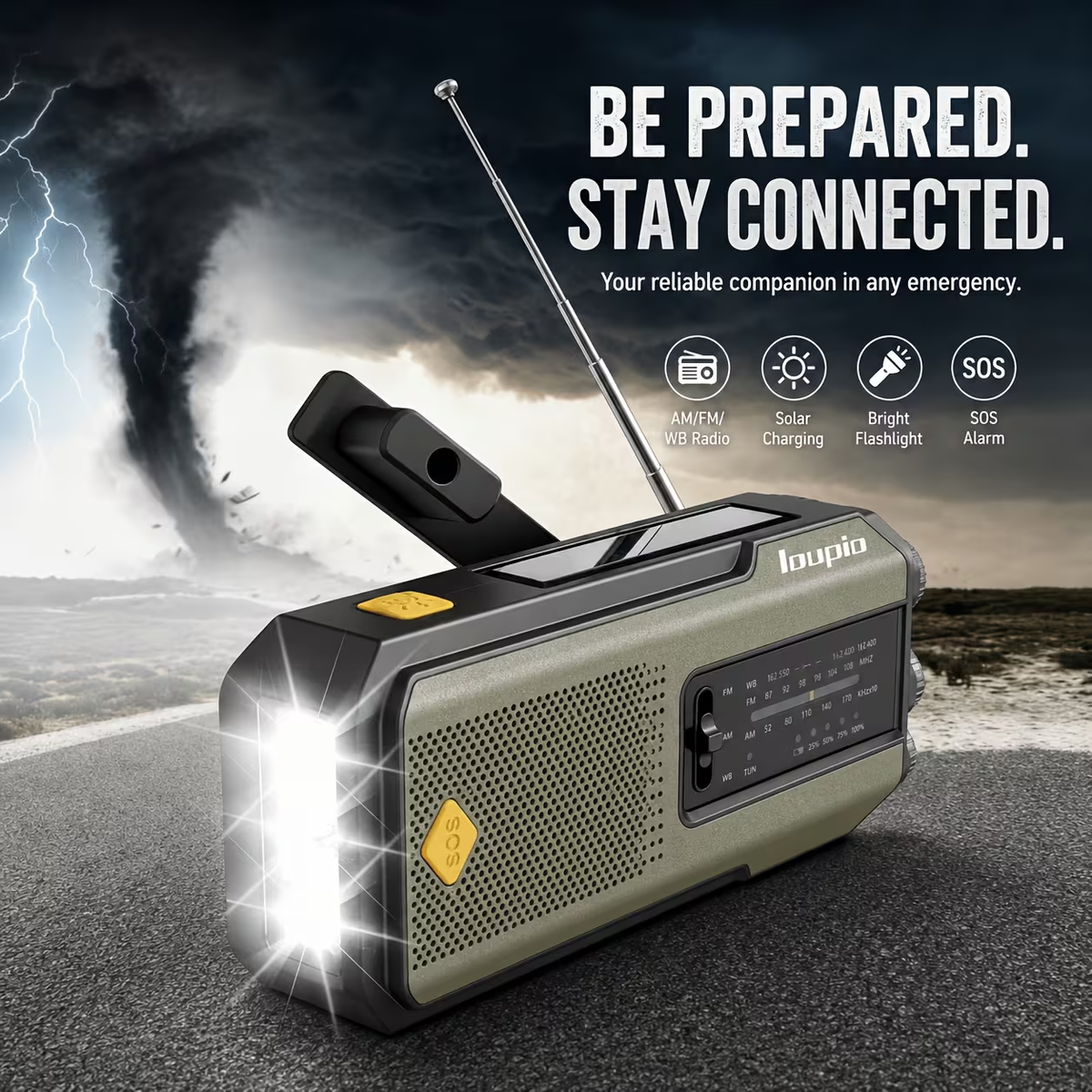 Radio d'urgence à manivelle et solaire avec lampe de poche DEL, AM/FM/météo