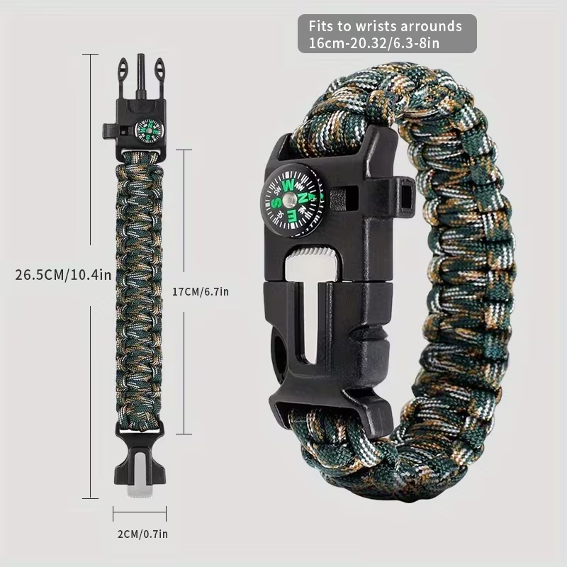 Bracelet de survie 5 en 1 en paracorde – boussole, sifflet et allume-feu