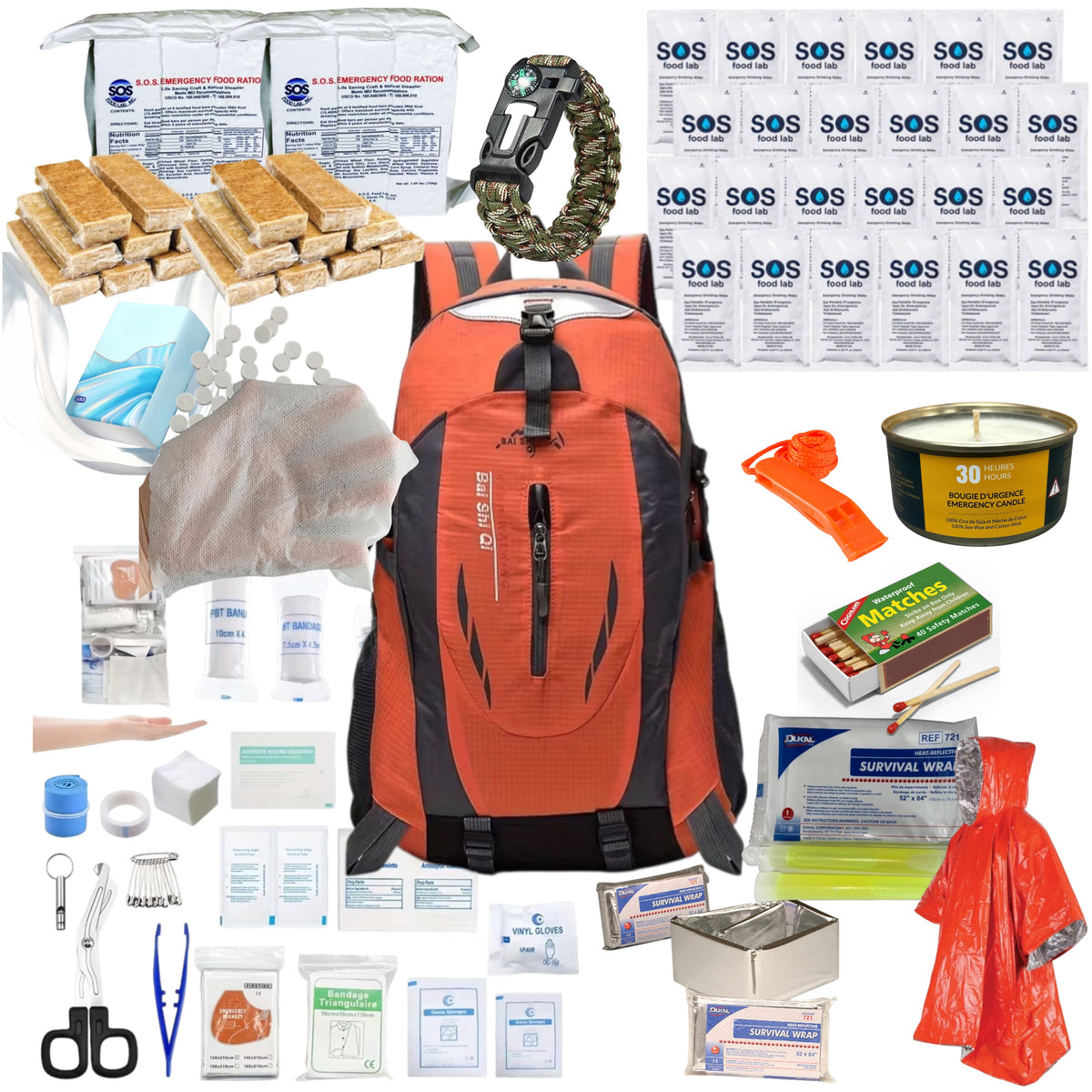 Trousse de survie 72 h dans un sac à dos orange et noir, illustrée avec des articles offerts en option