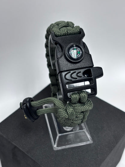 Bracelet de survie 3 en 1 en paracorde (vert armée)