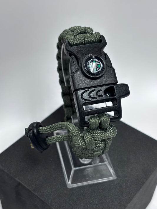 Bracelet de survie 3 en 1 en paracorde (vert armée)