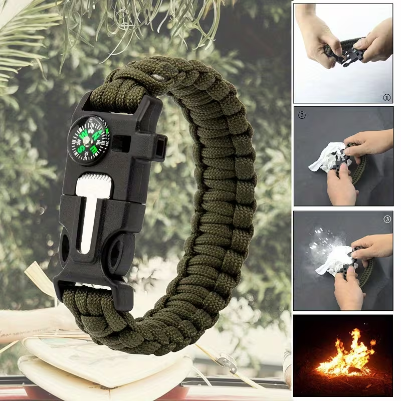 Bracelet de survie 5 en 1 en paracorde – boussole, sifflet et allume-feu