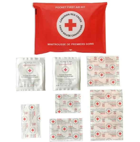 Contenu de la minitrousse de premiers soins de poche Croix-Rouge : pansements et lingettes